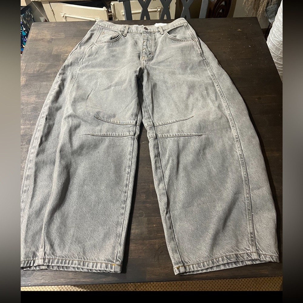 Free People Gray Washed Cropped Barrel Legged Jeans